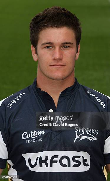 Marc Jones of Sale Sharks poses for a portrait at the Sale Sharks team squad photo day at Edgeley Park on August 18, 2009 in Stockport, England.