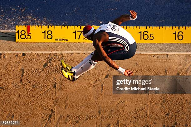 In this sequence of images Phillips Idowu of Great Britain & Northern Ireland sets a distance of 17.73m to win the gold medal in the men's Triple...