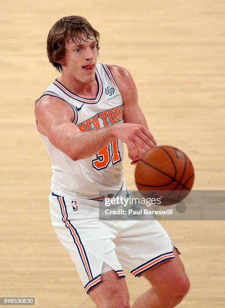 Ron Baker of the New York Knicks passes in an NBA basketball game against the Oklahoma City Thunder on December 16, 2016 at Madison Square Garden in...