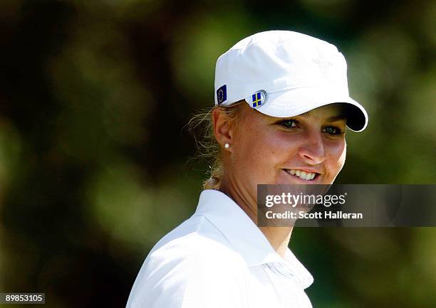 Anna Nordqvist of the European Team walk off a tee box during a practice round prior to the start of the 2009 Solheim Cup at Rich Harvest Farms on...
