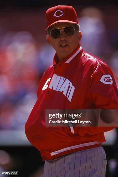 Davey Johnson, manager of the Cincinnati Reds,looks on during a baseball game against the Philadelphia Phillies on August 1, 1993 at Veterans Stadium...