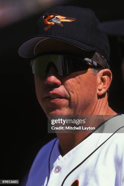 Davey Johnson, manager of the Baltimore Orioles, looks on before a baseball game against the Kansas City Royals on April 28, 1996 at Camden Yards in...