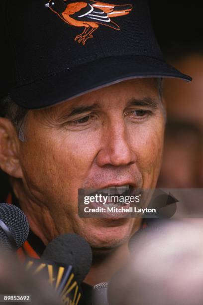Davey Johnson, manager of the Baltimore Orioles, takes to the media before a baseball game against the Kansas City Royals on April 28, 1996 at Camden...