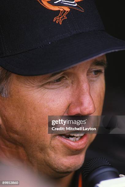 Davey Johnson, manager of the Baltimore Orioles, talks to the media before a baseball game against the Kansas City Royals on April 28, 1996 at Camden...