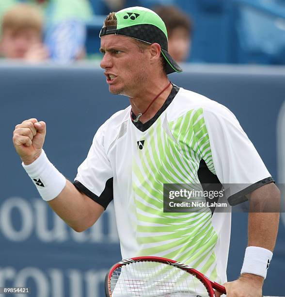 Lleyton Hewitt of Australia celebrates a point against Robin Soderling of Sweden during day two of the Western & Southern Financial Group Masters on...