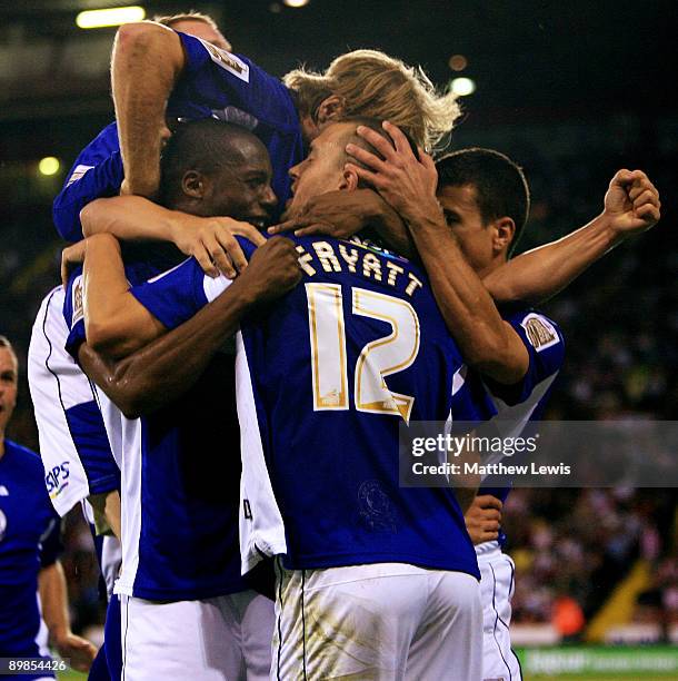 Matty Fryatt of Leicester is congratulated on his goal during the Coca-Cola Championship match between Sheffield United and Leicester City at Bramall...