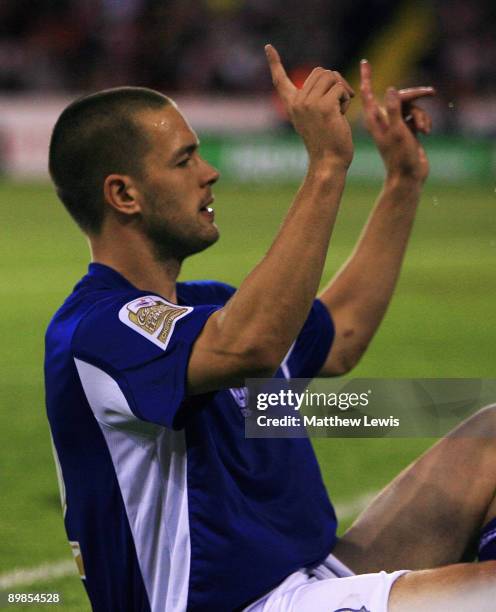 Matty Fryatt of Leicester celebrates his goal during the Coca-Cola Championship match between Sheffield United and Leicester City at Bramall Lane on...