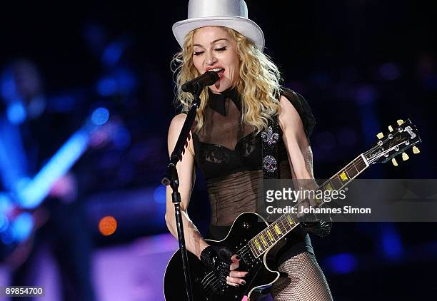 Singer Madonna performs on stage at Olympic Stadium on August 18, 2009 in Munich, Germany.