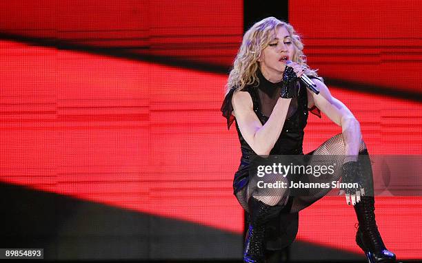 Singer Madonna performs on stage at Olympic Stadium on August 18, 2009 in Munich, Germany.