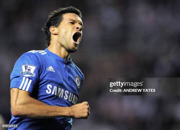 Chelsea's German midfielder Michael Ballack celebrates after scoring during the English Premier League football match against Sunderland at The...