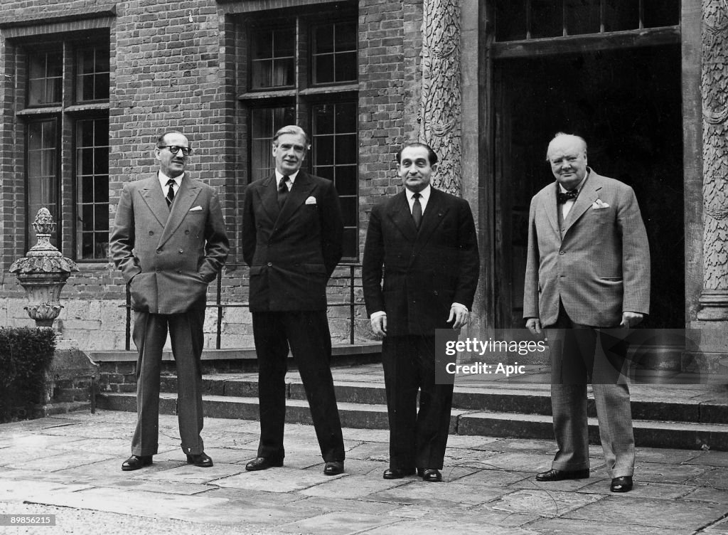 In Chartwell, England, on august 23, 1954 : r-l : Winston Churchill , Pierre Mendes-France, Rene Massigli