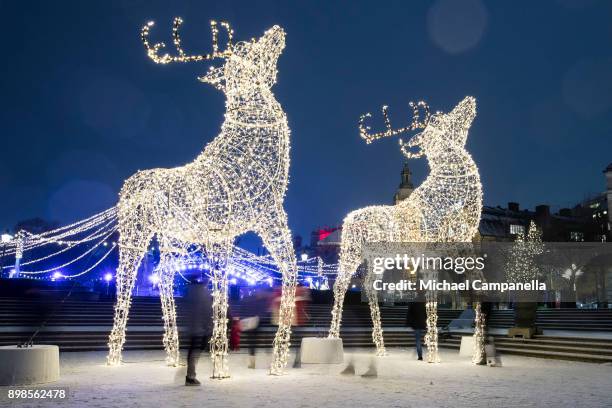 Christmas lights in the form of giant reindeer in Kungstradgarden on December 18, 2017 in Stockholm, Sweden.