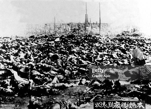 Bodies outside the Rikugun Honjo Hifukusho in downtown Tokyo, following the Great Kanto Earthquake of 1st September 1923. Around 38,000 people were...