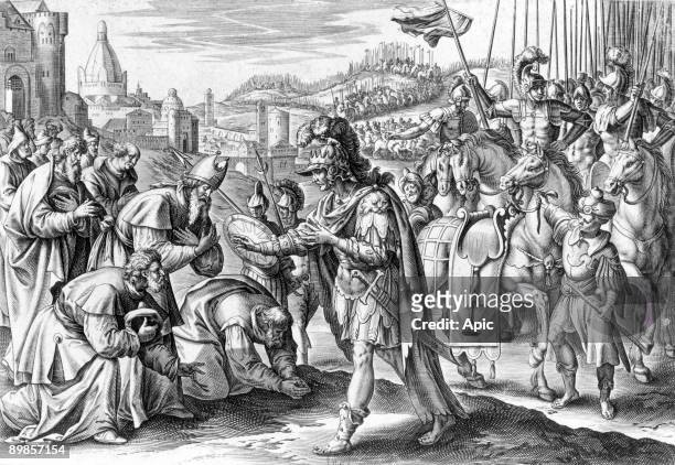 Saint Loup, bishop of Troyes getting Attila , king of Huns, to spare Troyes and the Champagne region, engraving by Gerhard de Jode after Martin de...