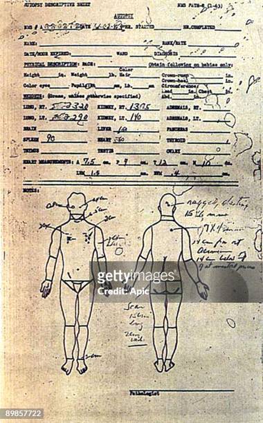 The description sheet from the autopsy performed on assassinated US President John F. Kennedy at Bethesda Naval Hospital in Bethesda, Maryland, 22nd...