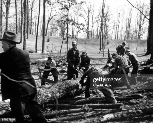 Works during New Deal in USA to fight against economic crisis in the 30's : men working in a forest