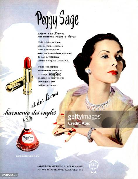 Advertisement for lipstick and nail polish Salon Peggy Sage in 1951
