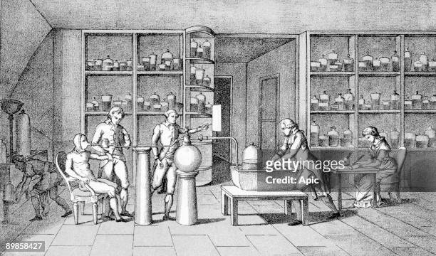Antoine Laurent Lavoisier working on respiration experiment , his wife Marie Paulze taking notes, at right