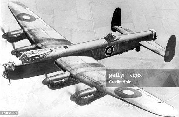 Avro Lancaster heavy bomber R5689 , of No. 50 Squadron RAF, in flight during World War II, 1942. The aircraft was delivered to 50 Squadron in June...