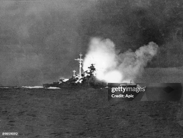 German battleship Bismarck and german cruiser warship Prinz Eugen during naval battle against english battleships Hood and Prince of Wales may 24,...