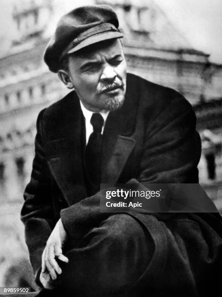 Russian communist revolutionary leader, Vladimir Lenin , at a Vsevobuch military parade on the first anniversary of the foundation of the Soviet...