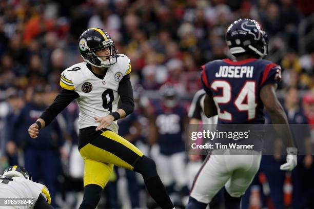 Chris Boswell of the Pittsburgh Steelers kicks a field goal in the first quarter as Johnathan Joseph of the Houston Texans applies pressure at NRG...