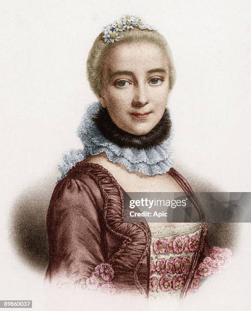 Gabrielle Emilie de Breteuil marquess of Chatelet french woman of letters mistress of Voltaire, engraving colorized document