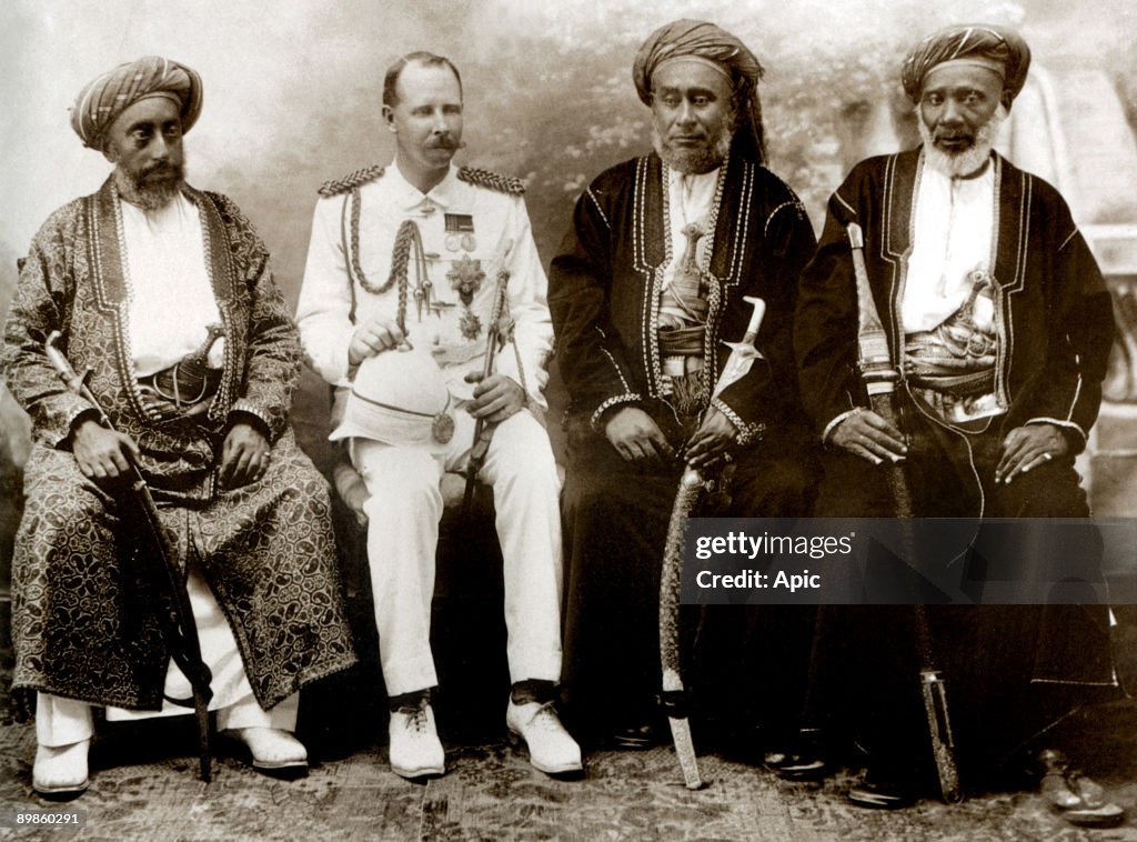 Colonial official with arab dignitaries , on the right is Tippu Tip (the most renowned Arab slave and ivory trader, died in 1905), in Zanzibar, Tanzania
