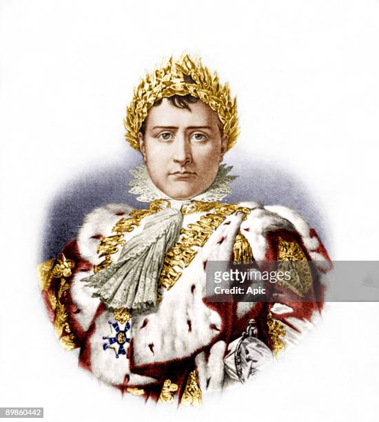 Napoleon 1st at the time of his coronation in 1804 . He was emperor of France from 1804 to 1814 . Contemporary engraving