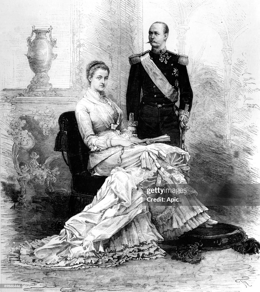 George 1st (1845-1913) king of Greece in 1863-1913, with his wife queen Olga (1851-1931), drawing by M De Haene in 1821