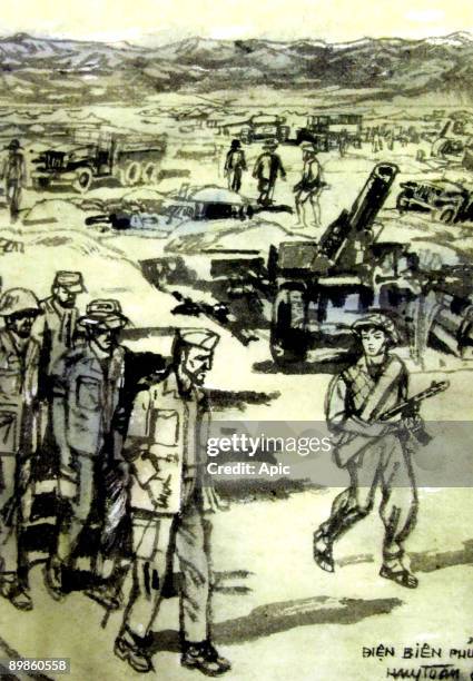 The final assault of the Vietminh during the battle of Dien Bien Phu and surrender of the french soldiers may 07 drawing by northvietnamese artist...