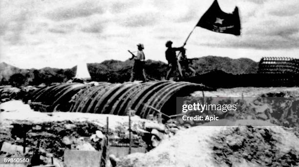 Vietminh flag flying over french position may 07, 1954 during final assault of the battle of Dien Bien Phu, Vietnam War