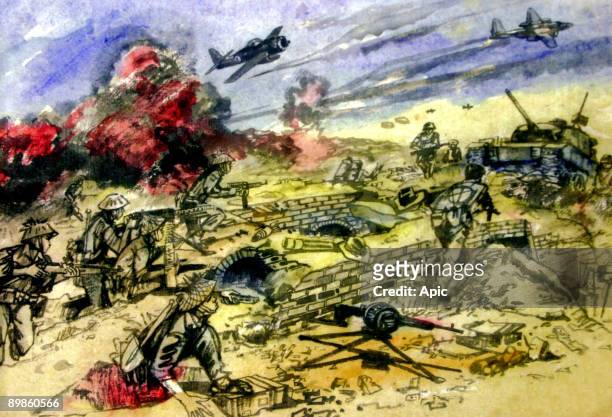 The last moments of the battle of Dien Bien Phu , drawing in 1960 by Huy Toan north-vietnamese artist who became military painter