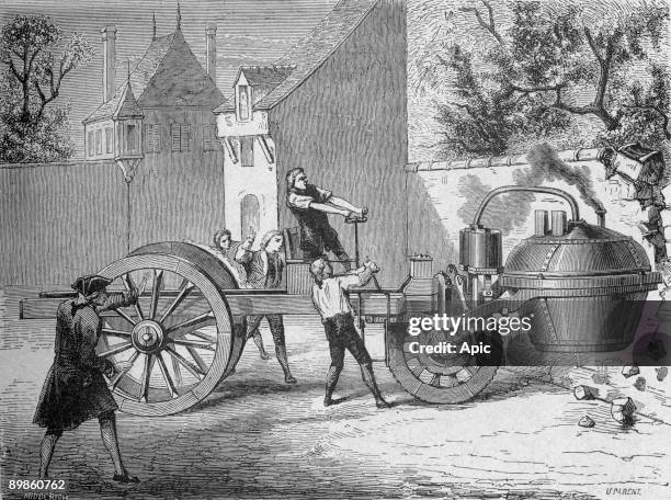 The first steam car tested by the inventor Cugnot al arsenal inside the 1770 engraving by Paris 18eme siecles Parent extracted from the book "Album...