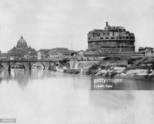 San Angelo castle and bridge over Tibre river, in the background : basilica Saint Peter in Rome, photo by John Lawson Stoddard