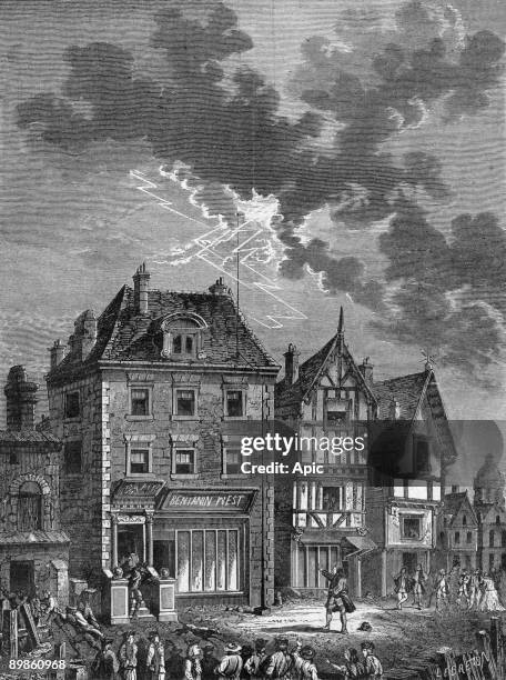 The house of Benjamin West here during a thunderstorm of a Philadelphia physicist Benjamin Franklin launched a kite with a metal point and captures...