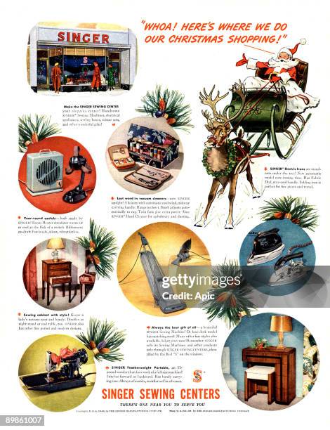 American advert presenting the goods of a Singer shop , SINGER SEWING CENTERS, which proposes a broad choice of household appliance, for Christmas :...