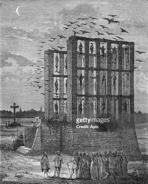 The bleak place of the gallows of Montfaucon in Paris built in 1233, destroyed in 1760, engraving