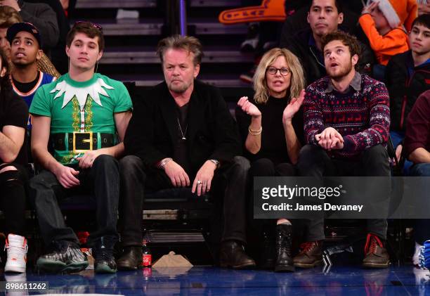 John Mellencamp, Meg Ryan and Jack Quaid attend the New York Knicks Vs Philadelphia 76ers game at Madison Square Garden on December 25, 2017 in New...