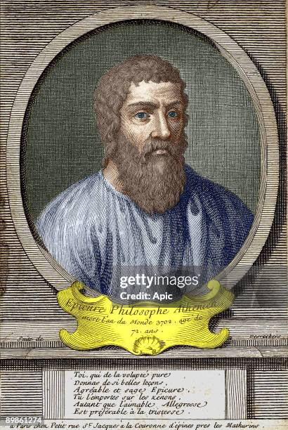 Epicurus greek philosopher, engraving colorized document
