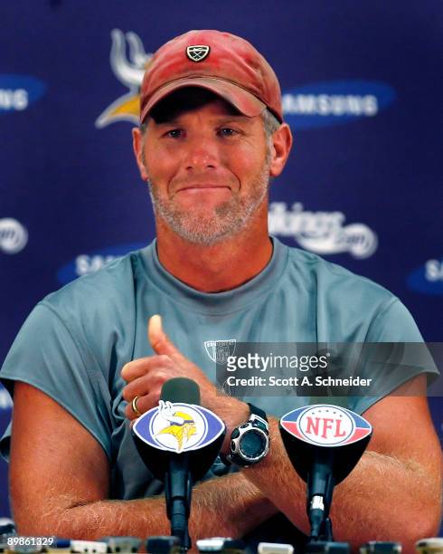 Brett Favre talks with the media after his first practice with the Minnesota Vikings on August 18, 2009 at Winter Park in Eden Prairie, Minnesota.