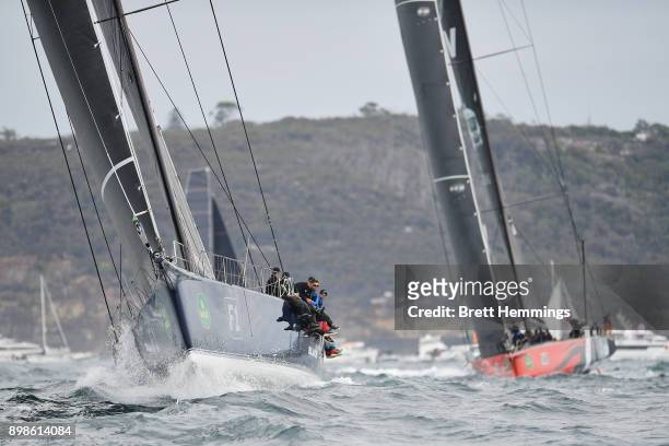 Black Jack" leads "Comanche" out of Sydney Harbour during the 2017 Sydney to Hobart on December 26, 2017 in Sydney, Australia.