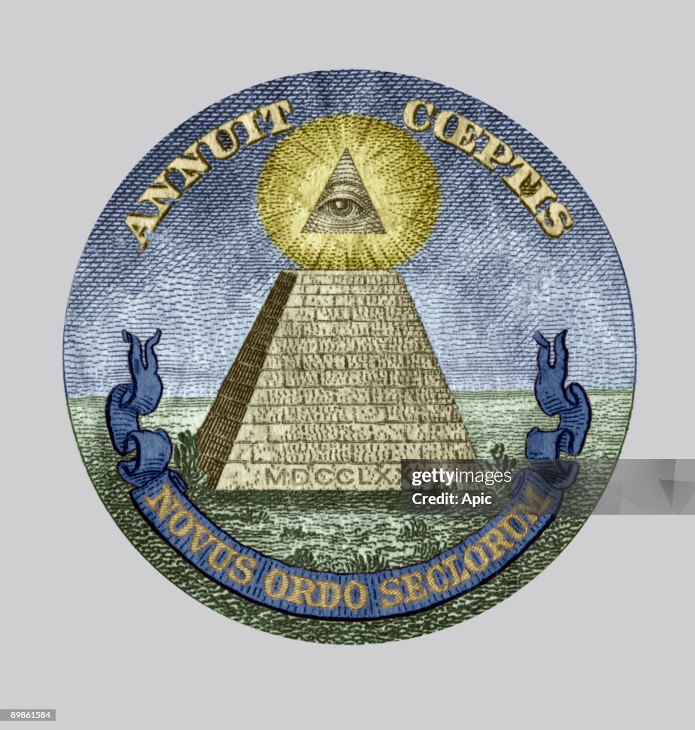 Symbol of the The Bavarian Illuminati secret society (1776-1785) members were from Freemasonry, accused of conspiracy, detail of a one dollar bill colorized document