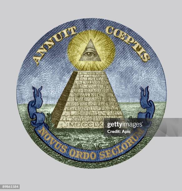 Symbol of the The Bavarian Illuminati secret society members were from Freemasonry, accused of conspiracy, detail of a one dollar bill colorized...