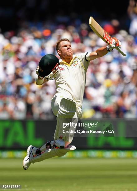 David Warner of Australia celebrates making a century during day one of the Fourth Test Match in the 2017/18 Ashes series between Australia and...