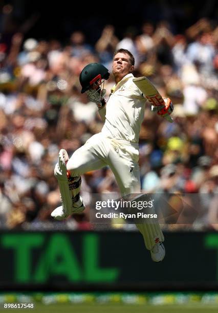 David Warner of Australia celebrates after reaching his century during day one of the Fourth Test Match in the 2017/18 Ashes series between Australia...