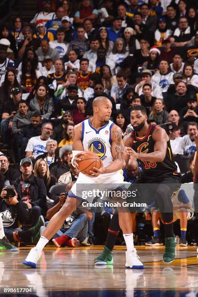 David West of the Golden State Warriors handles the ball against the Cleveland Cavaliers on December 25, 2017 at ORACLE Arena in Oakland, California....