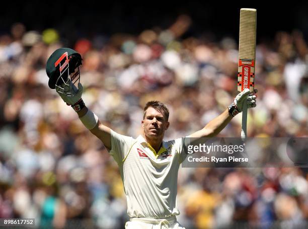 David Warner of Australia celebrates after reaching his century during day one of the Fourth Test Match in the 2017/18 Ashes series between Australia...