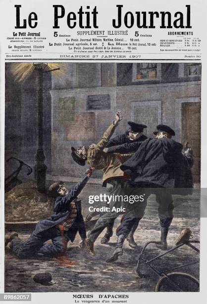 Frontpage of french newspaper "Le Petit Journal" january 27, 1907 : Jean Jauvenin on ground a bullet in the belly is giving a knife blow to Alphonse...