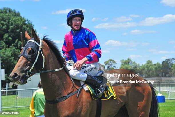 King Joey ridden by John Keating returns to the mounting yard after winning the Walkers IGA Kerang Maiden Plate at Kerang Racecousre on December 26,...